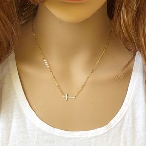 14k Gold Sideways Cross Necklace 